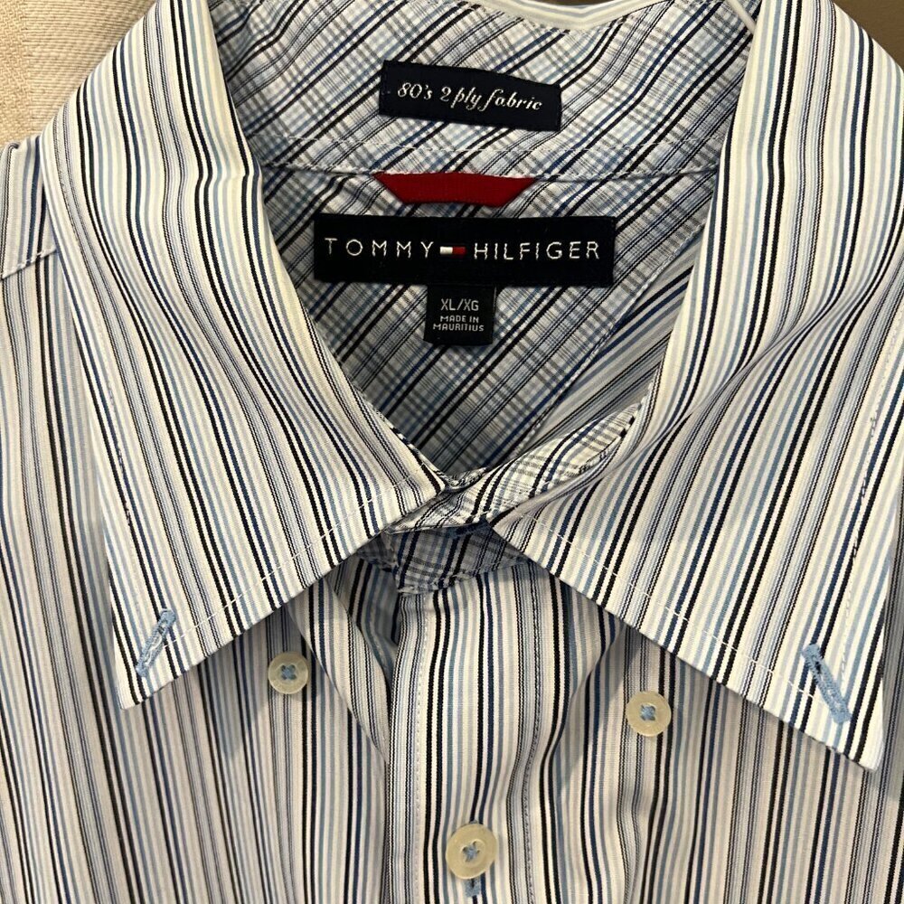 Tommy Hilfiger 80 2 Ply Cotton Long Sleeve Blues/Gray Striped Shirt, Size XL